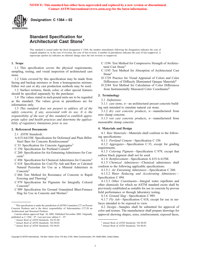 ASTM C1364-02 - Standard Specification for Architectural Cast Stone