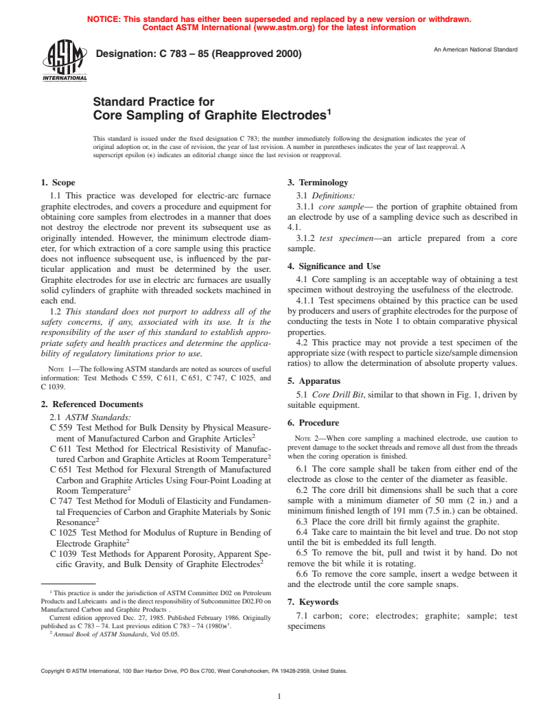 ASTM C783-85(2000) - Standard Practice for Core Sampling of Graphite Electrodes