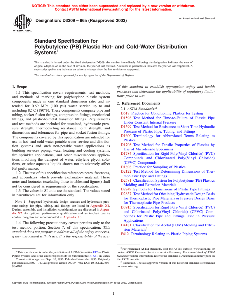 ASTM D3309-96a(2002) - Standard Specification for Polybutylene (PB) Plastic Hot- and Cold-Water Distribution Systems (Withdrawn 2010)