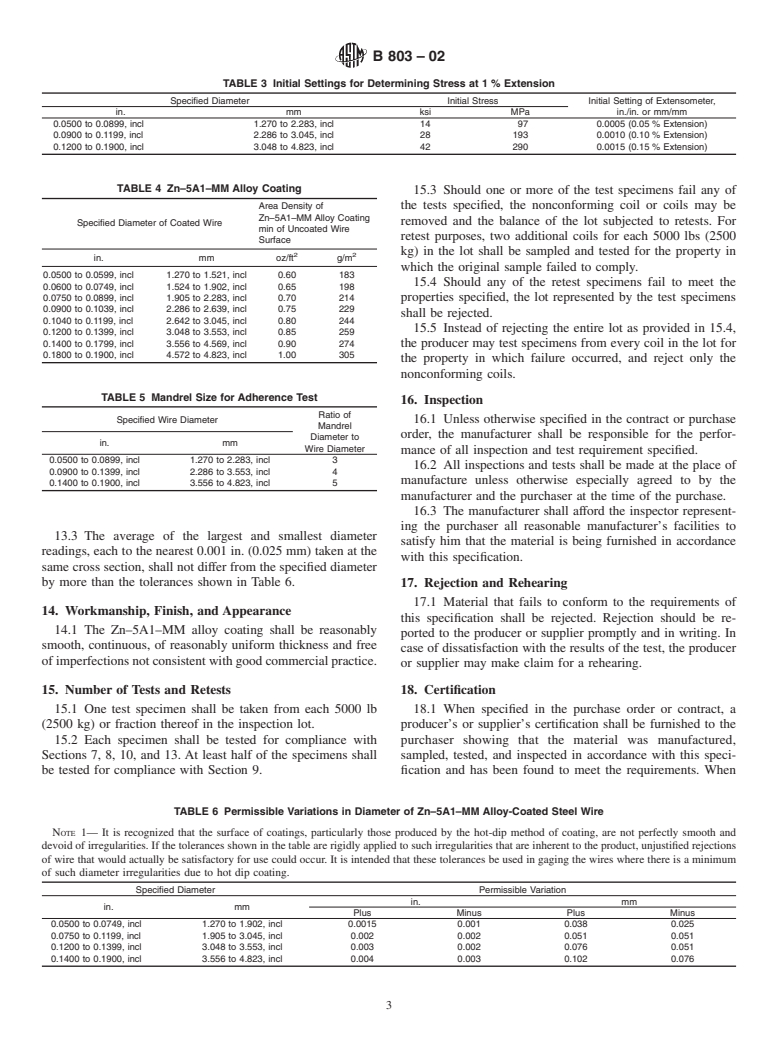 ASTM B803-02 - Standard Specification for High-Strength Zinc-5% Aluminum-Mischmetal Alloy-Coated Steel Core Wire for Aluminum and Aluminum-Alloy Conductors, Steel Reinforced