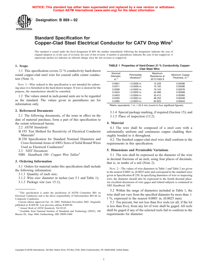 ASTM B869-02 - Standard Specification for Copper-Clad Steel Electrical Conductor for CATV Drop Wire