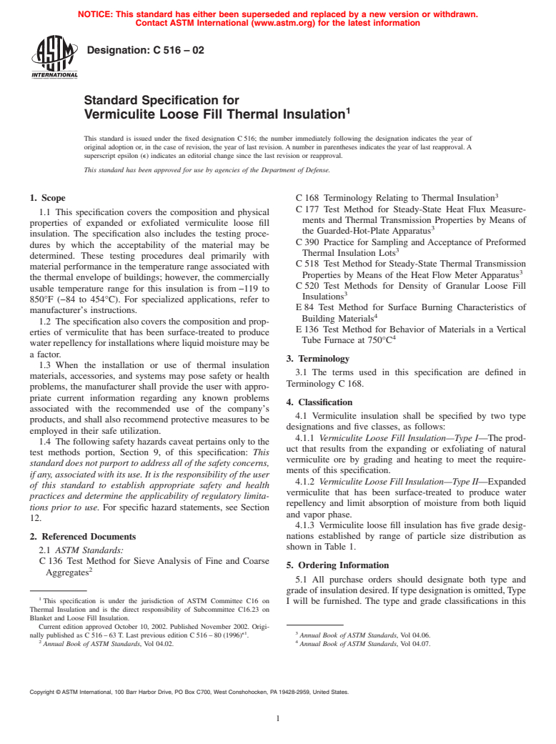 ASTM C516-02 - Standard Specification for Vermiculite Loose Fill Thermal Insulation