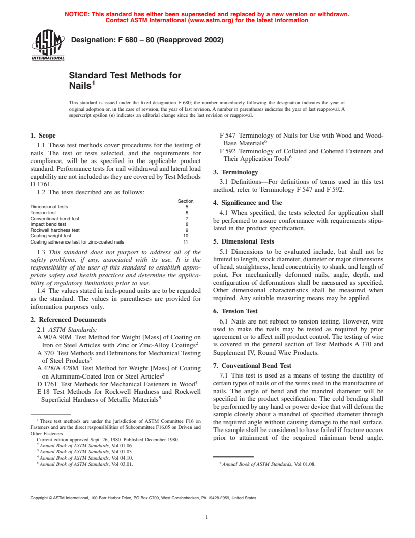 ASTM F680-80(2002) - Standard Test Methods for Nails