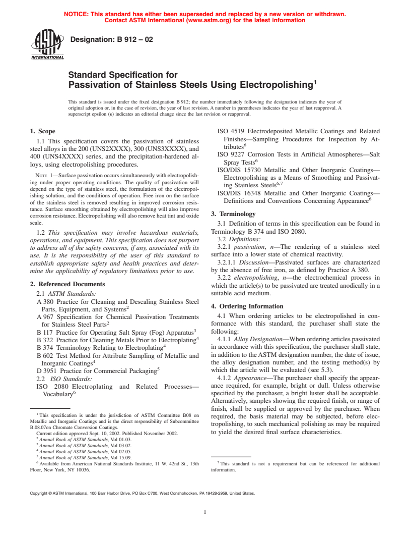 ASTM B912-02 - Standard Specification for Passivation of Stainless Steels Using Electropolishing