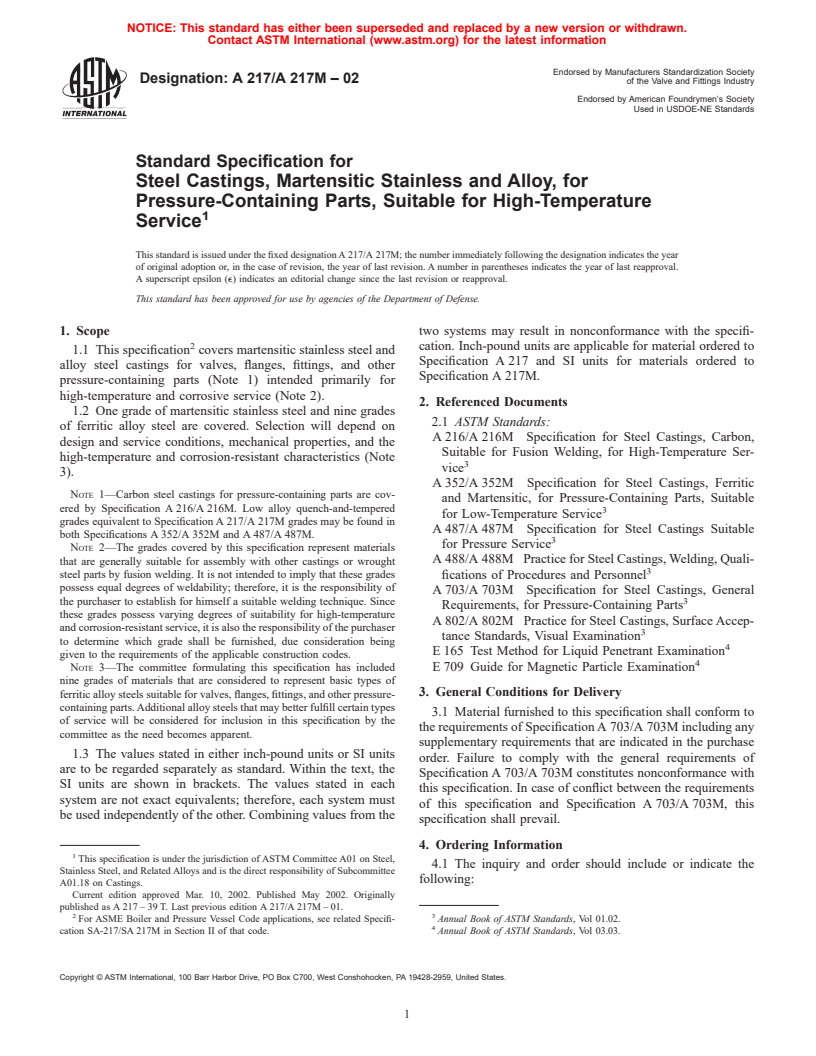 ASTM A217/A217M-02 - Standard Specification for Steel Castings, Martensitic Stainless and Alloy, for Pressure-Containing Parts, Suitable for High-Temperature Service