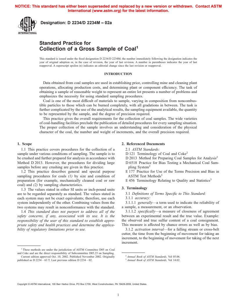 ASTM D2234/D2234M-02a - Standard Practice for Collection of a Gross Sample of Coal