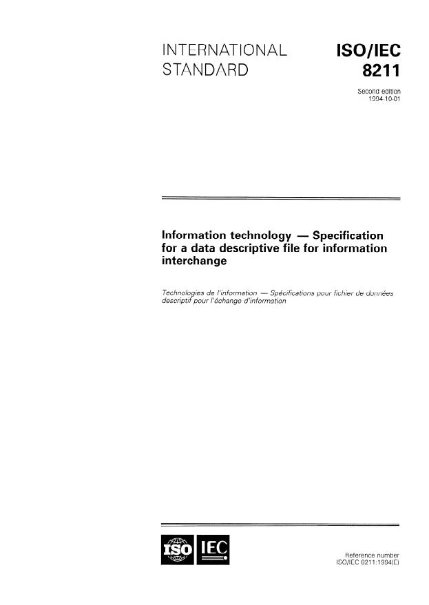 ISO/IEC 8211:1994 - Information technology -- Specification for a data descriptive file for information interchange