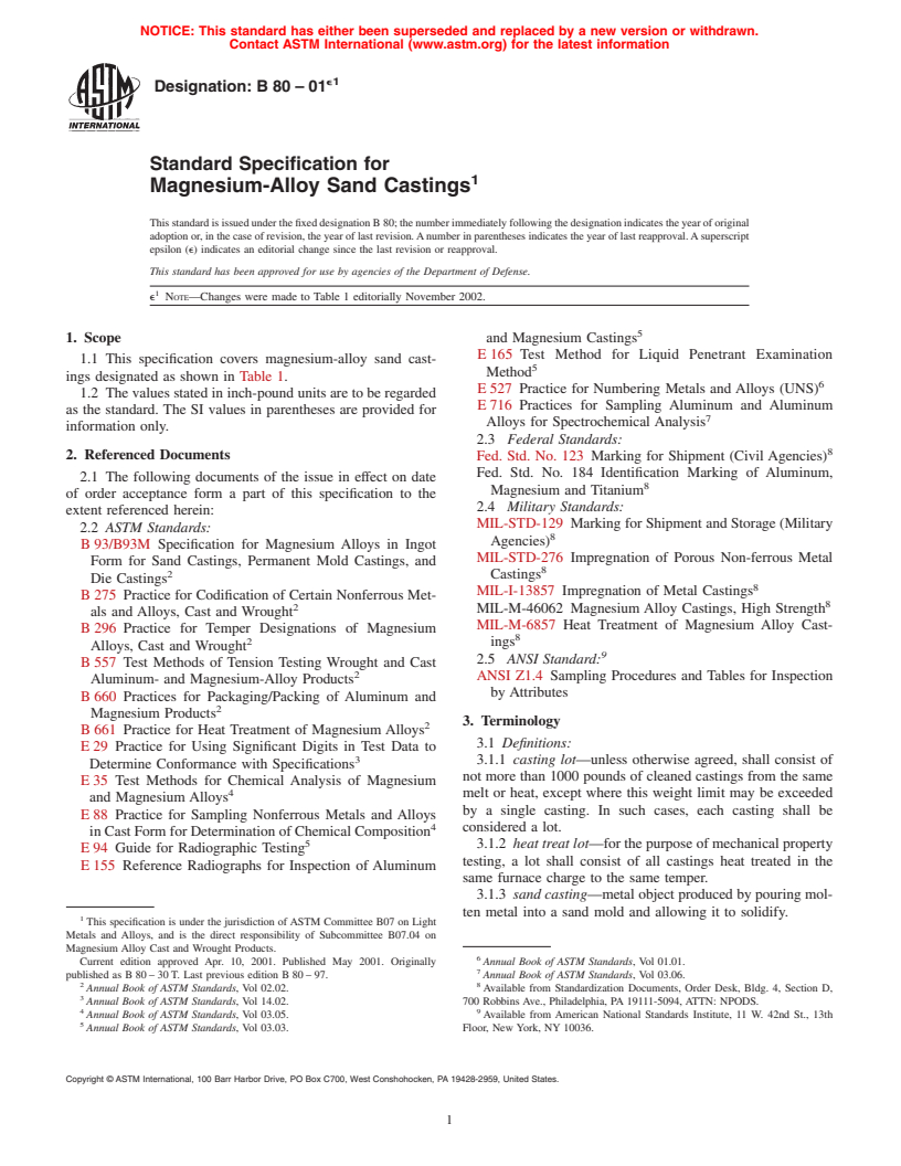 ASTM B80-01e1 - Standard Specification for Magnesium-Alloy Sand Castings