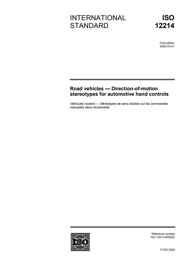 ISO 12214:2002 - Road vehicles -- Direction-of-motion stereotypes for automotive hand controls