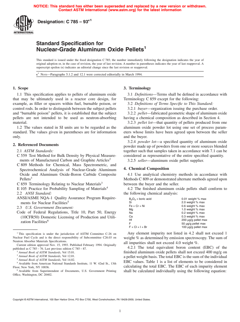 ASTM C785-93e1 - Standard Specification for Nuclear-Grade Aluminum Oxide Pellets (Withdrawn 2002)