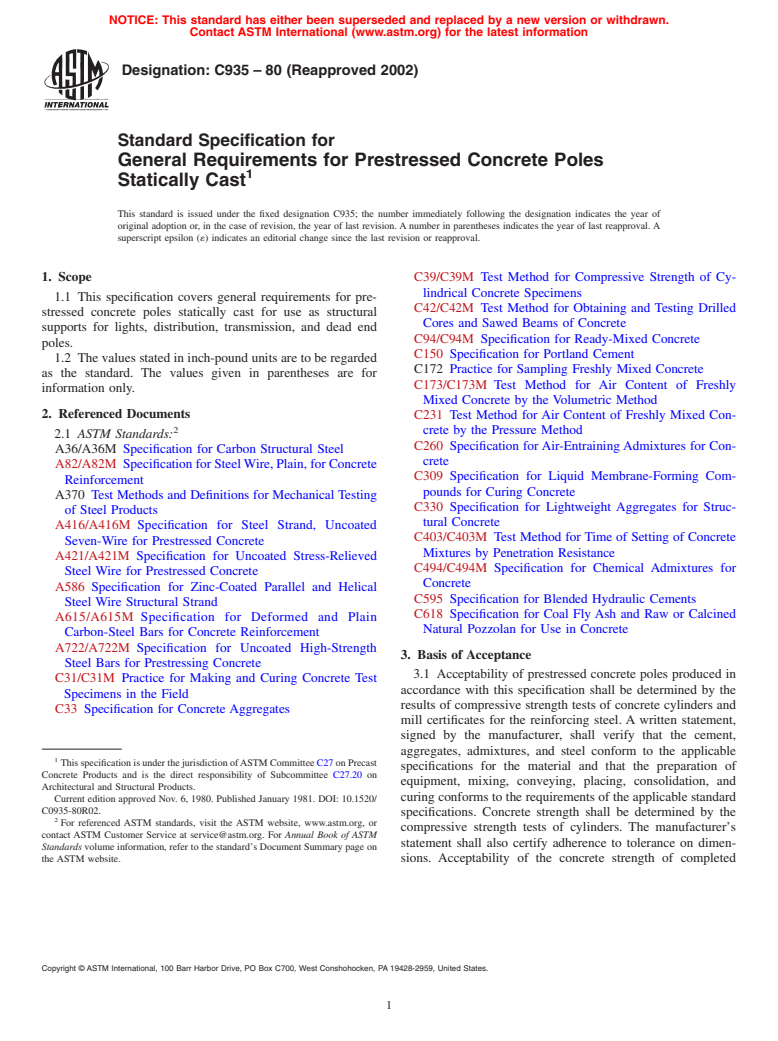 ASTM C935-80(2002) - Standard Specification for General Requirements for Prestressed Concrete Poles Statically Cast (Withdrawn 2011)