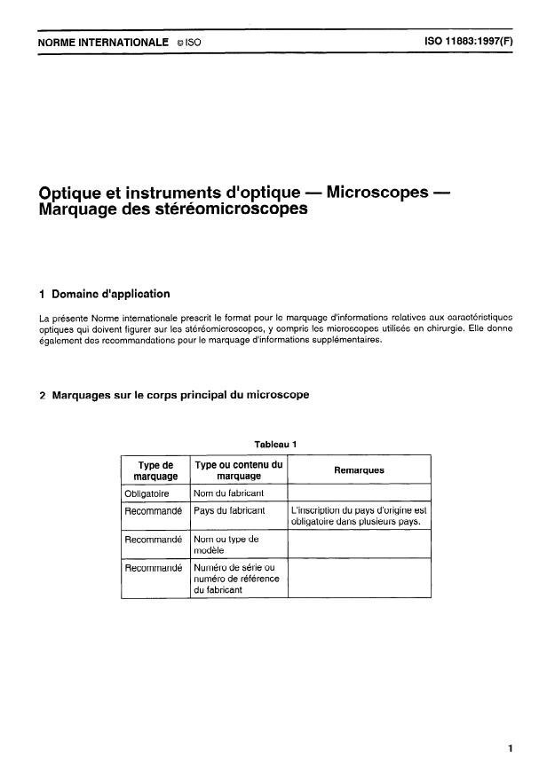 ISO 11883:1997 - Optique et instruments d'optique -- Microscopes -- Marquage des stéréomicroscopes