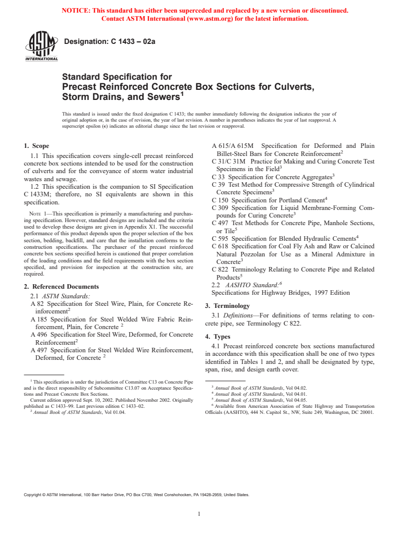 ASTM C1433-02a - Standard Specification for Precast Reinforced Concrete Box Sections for Culverts, Storm Drains, and Sewers