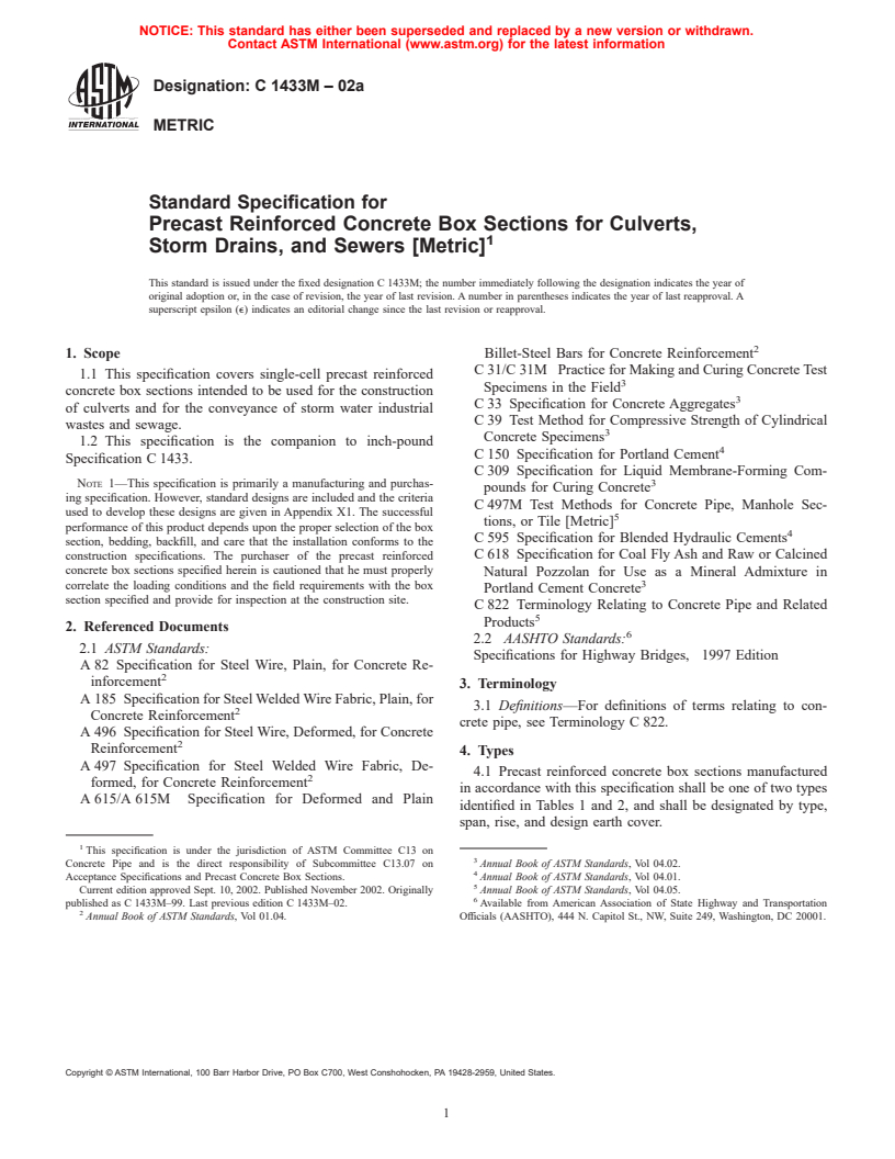 ASTM C1433M-02a - Standard Specification for Precast Reinforced Concrete Box Sections for Culverts, Storm Drains, and Sewers (Metric)