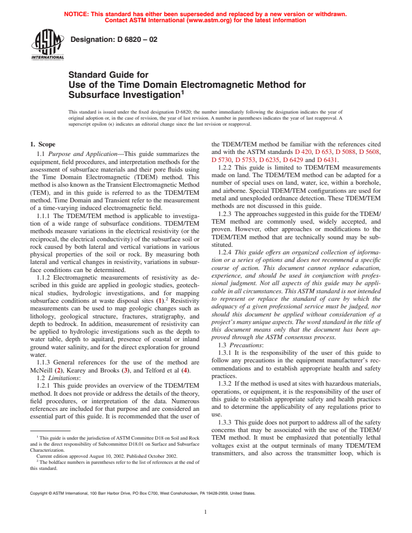 ASTM D6820-02 - Standard Guide for Use of the Time Domain Electromagnetic Method for Subsurface Investigation