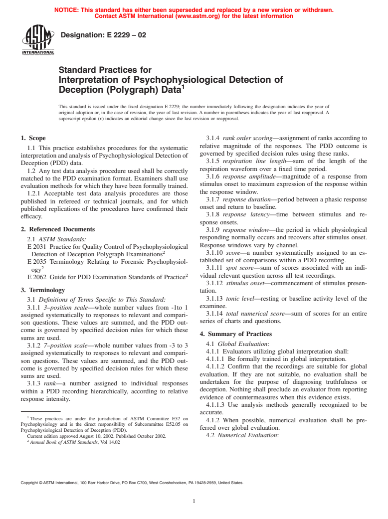 ASTM E2229-02 - Standard Practices for Interpretation of Psychophysiological Detection of Deception (Polygraph) Data