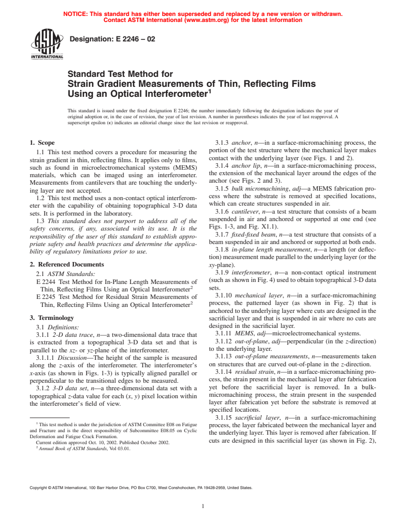 ASTM E2246-02 - Standard Test Method for Strain Gradient Measurements of Thin, Reflecting Films Using an Optical Interferometer