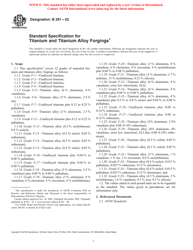 ASTM B381-02 - Standard Specification for Titanium and Titanium Alloy Forgings