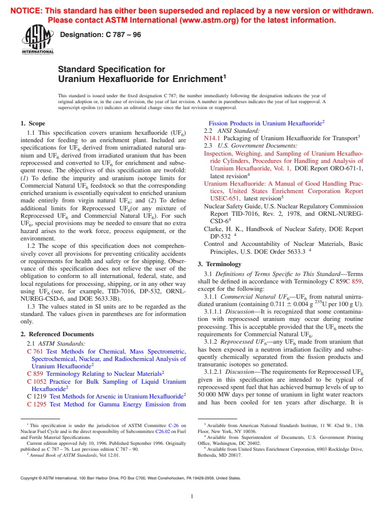 ASTM C787-96 - Standard Specification for Uranium Hexafluoride for Enrichment
