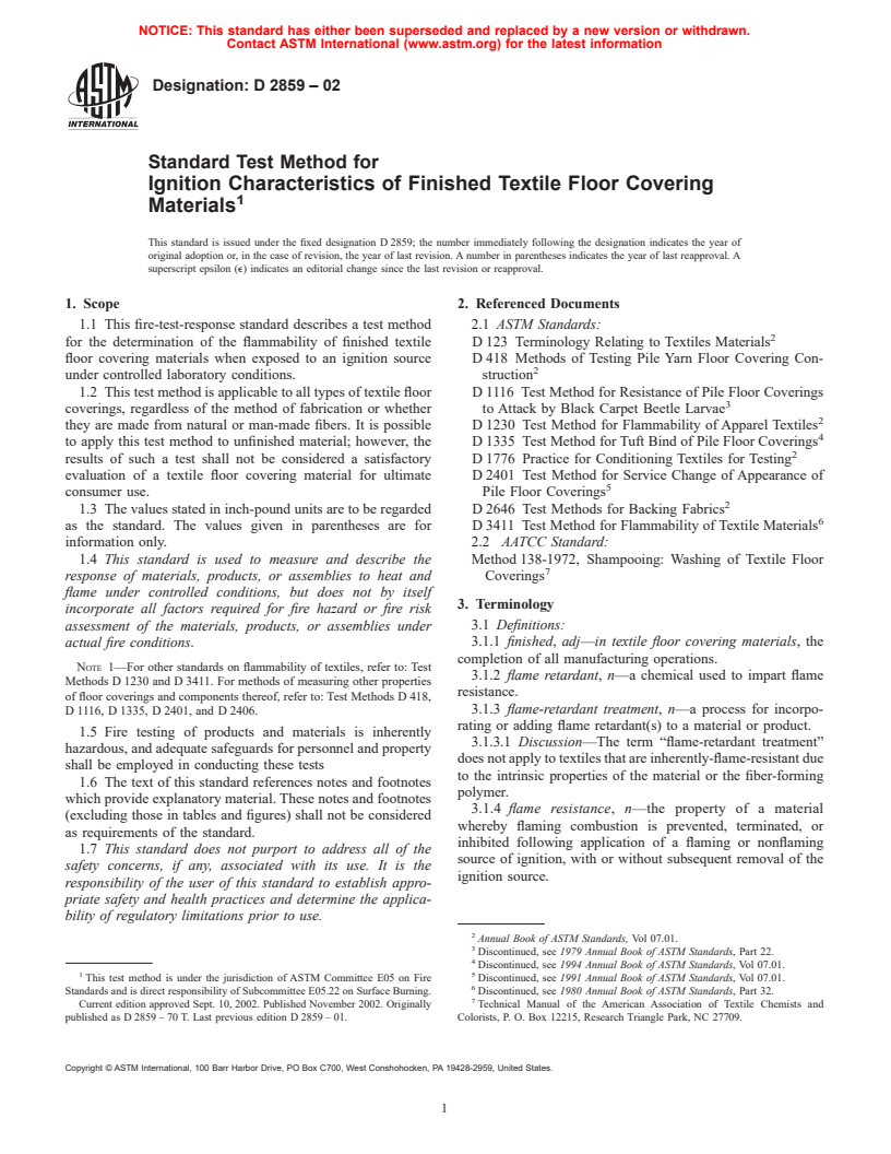 ASTM D2859-02 - Standard Test Method for Ignition Characteristics of Finished Textile Floor Covering Materials