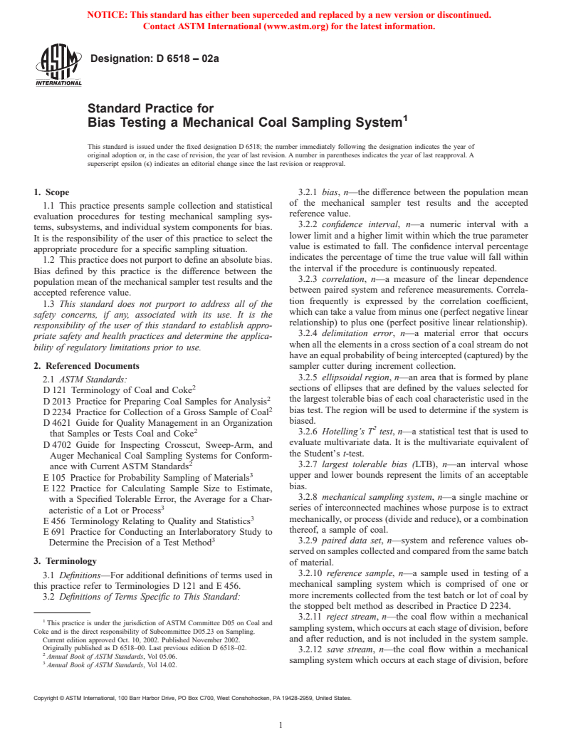 ASTM D6518-02a - Standard Practice for Bias Testing a Mechanical Coal Sampling System