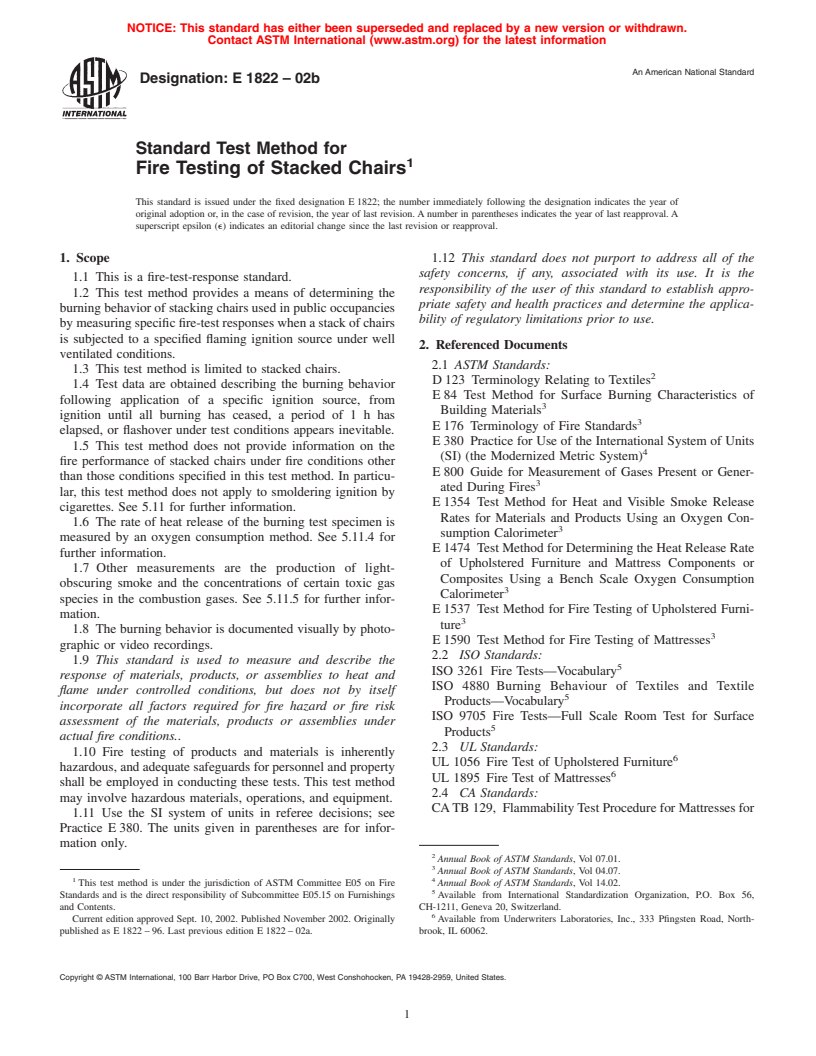 ASTM E1822-02b - Standard Test Method for Fire Testing of Stacked Chairs