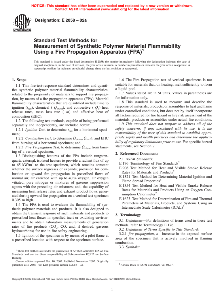 ASTM E2058-02a - Standard Test Methods for Measurement of Synthetic Polymer Material Flammability Using a Fire Propagation Apparatus (FPA)