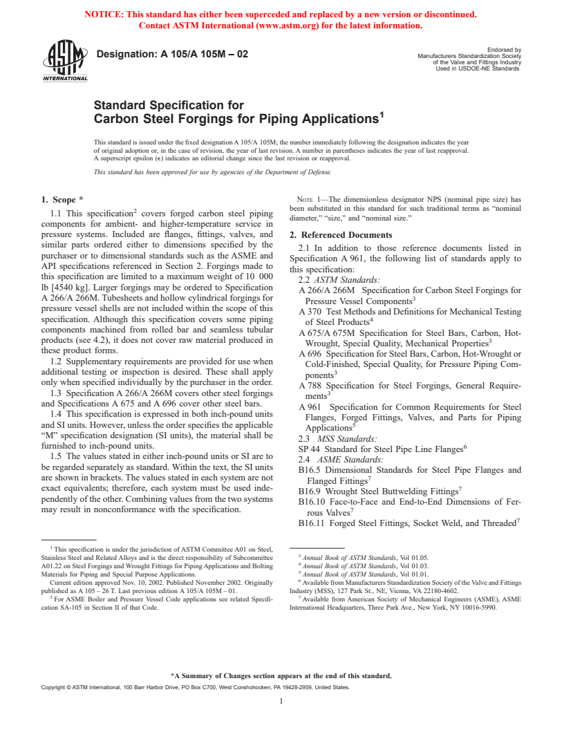 ASTM A105/A105M-02 - Standard Specification for Carbon Steel Forgings for Piping Applications