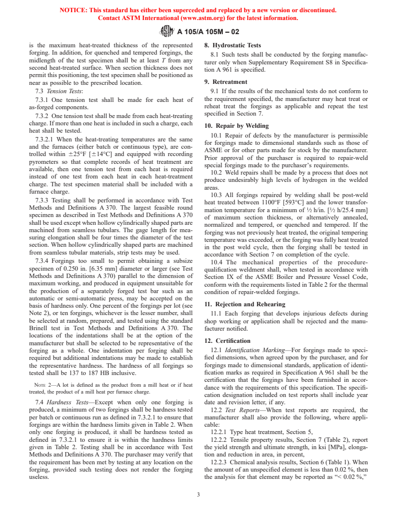 ASTM A105/A105M-02 - Standard Specification for Carbon Steel Forgings for Piping Applications