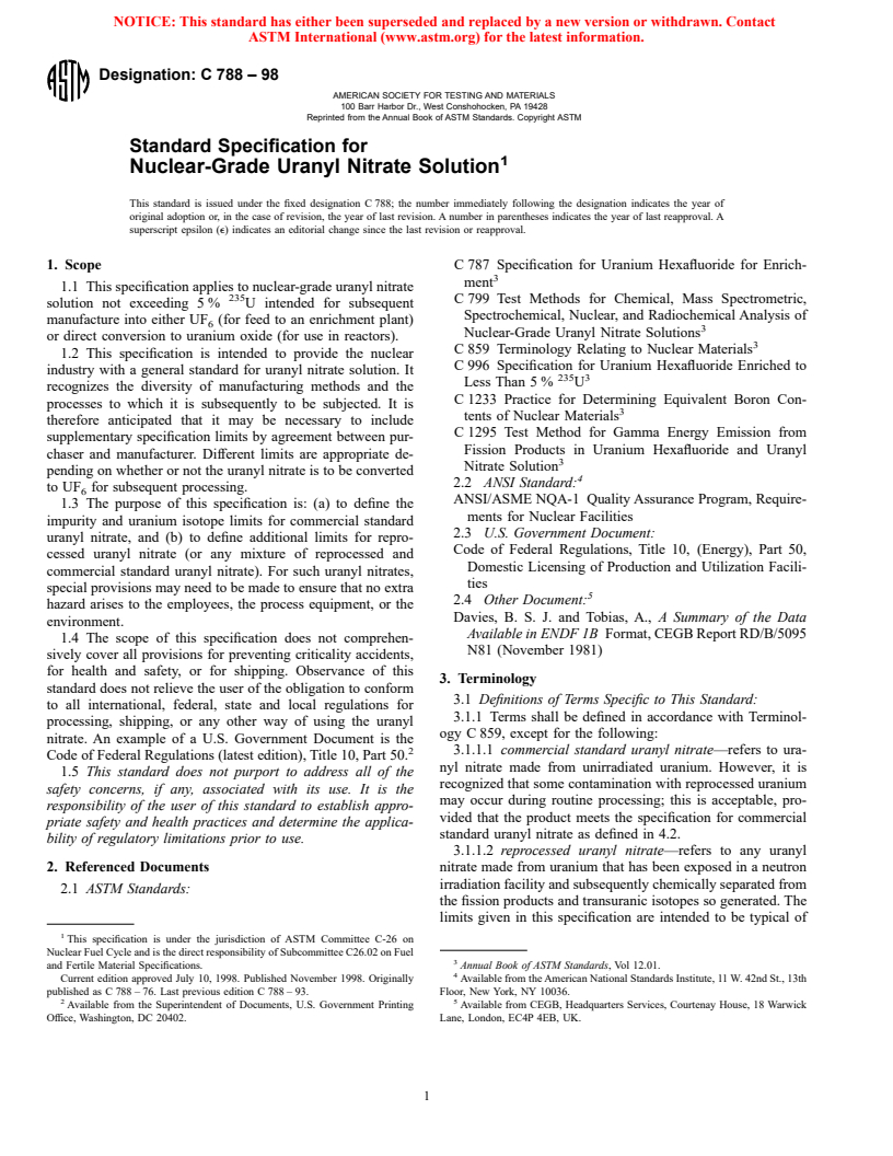 ASTM C788-98 - Standard Specification for Nuclear-Grade Uranyl Nitrate Solution