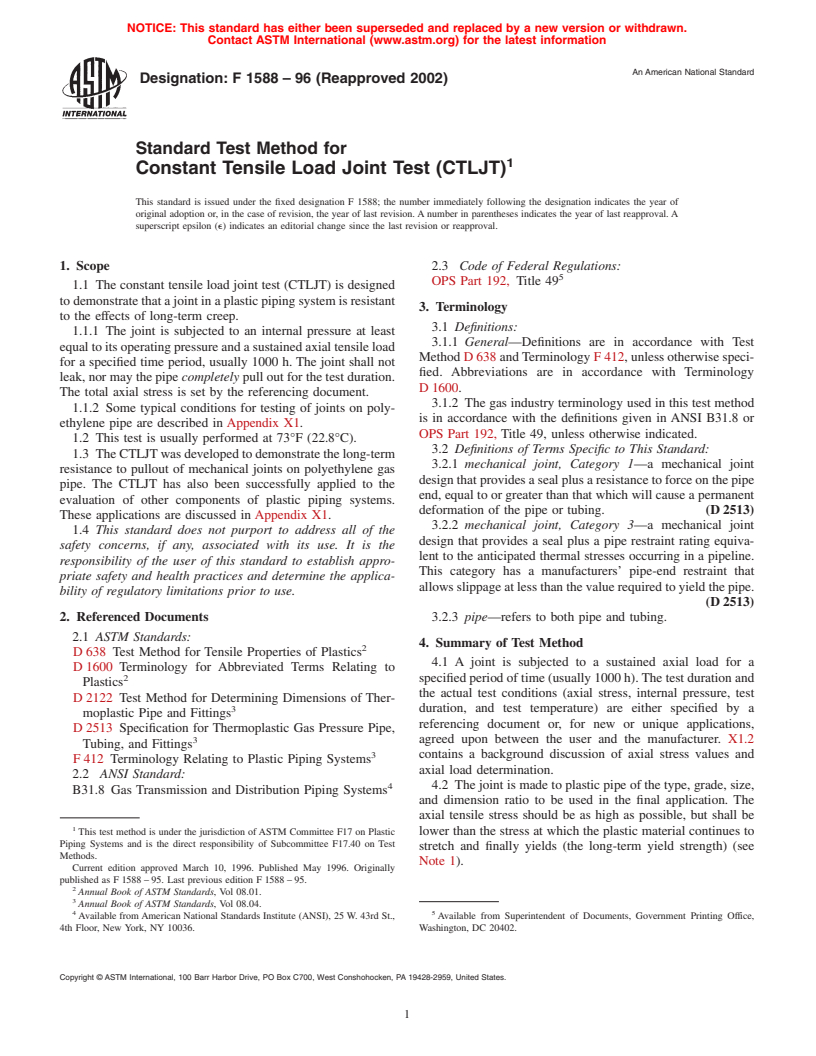 ASTM F1588-96(2002) - Standard Test Method for Constant Tensile Load Joint Test (CTLJT)