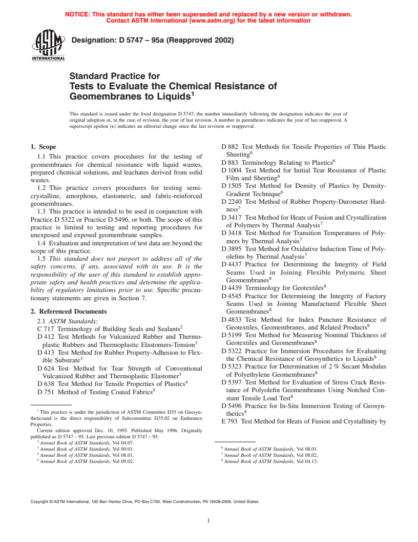 ASTM D5747-95a(2002) - Standard Practice for Tests to Evaluate the Chemical Resistance of Geomembranes to Liquids