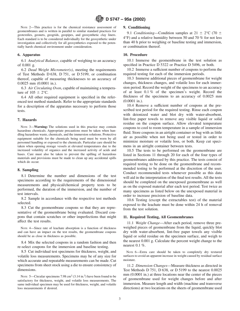 ASTM D5747-95a(2002) - Standard Practice for Tests to Evaluate the Chemical Resistance of Geomembranes to Liquids