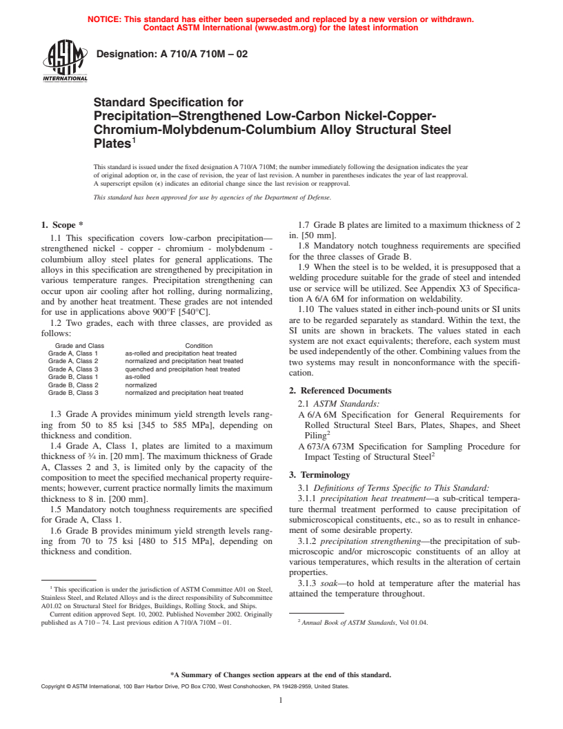 ASTM A710/A710M-02 - Standard Specification for Precipitation-Strengthened Low-Carbon Nickel-Copper-Chromium-Molybdenum-Columbium Alloy Structural Steel Plates