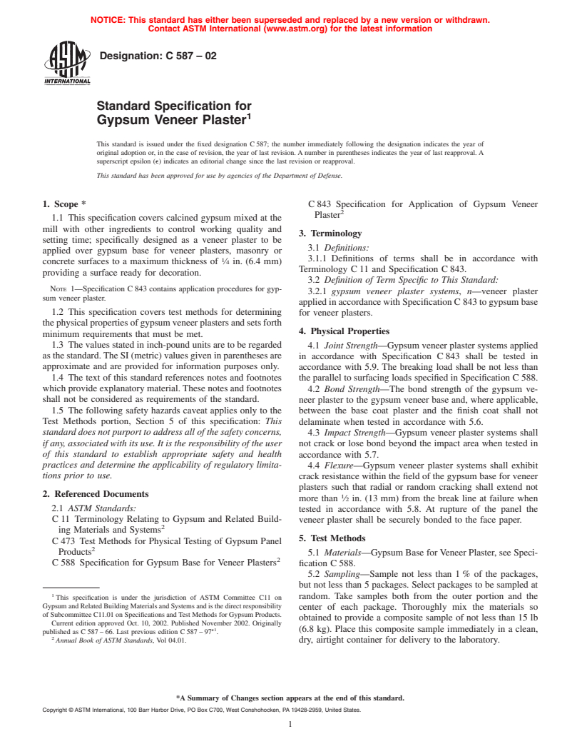 ASTM C587-02 - Standard Specification for Gypsum Veneer Plaster