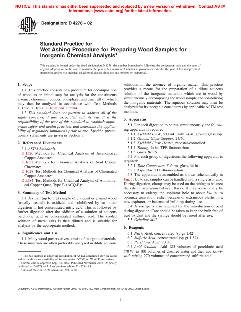 ASTM D4278-02 - Standard Practice for Wet Ashing Procedure for Preparing Wood Samples for Inorganic Chemical Analysis (Withdrawn 2006)