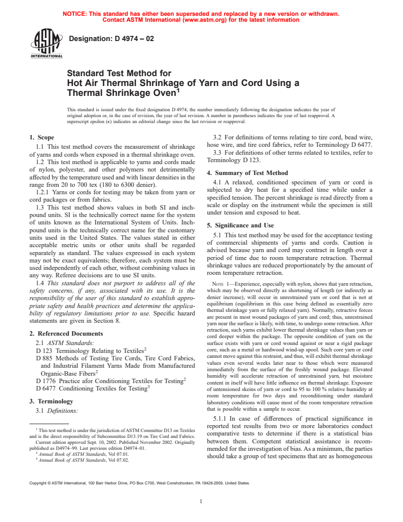 ASTM D4974-02 - Standard Test Method for Thermal Shrinkage of Yarn and Cord Using a Thermal Shrinkage Oven