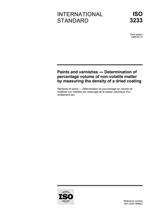 ISO 3233:1998 - Paints and varnishes -- Determination of percentage volume of non-volatile matter by measuring the density of a dried coating