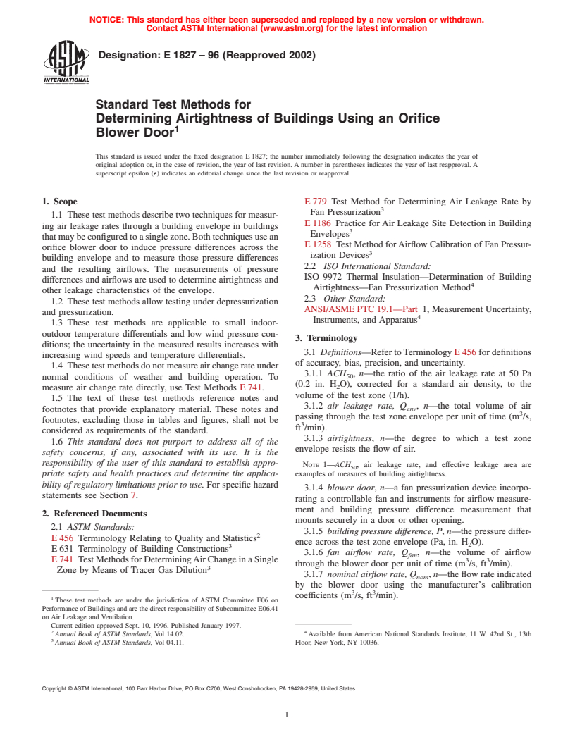 ASTM E1827-96(2002) - Standard Test Methods for Determining Airtightness of Buildings Using an Orifice Blower Door