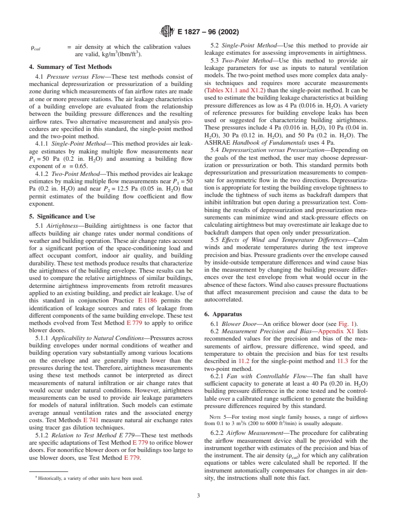 ASTM E1827-96(2002) - Standard Test Methods for Determining Airtightness of Buildings Using an Orifice Blower Door