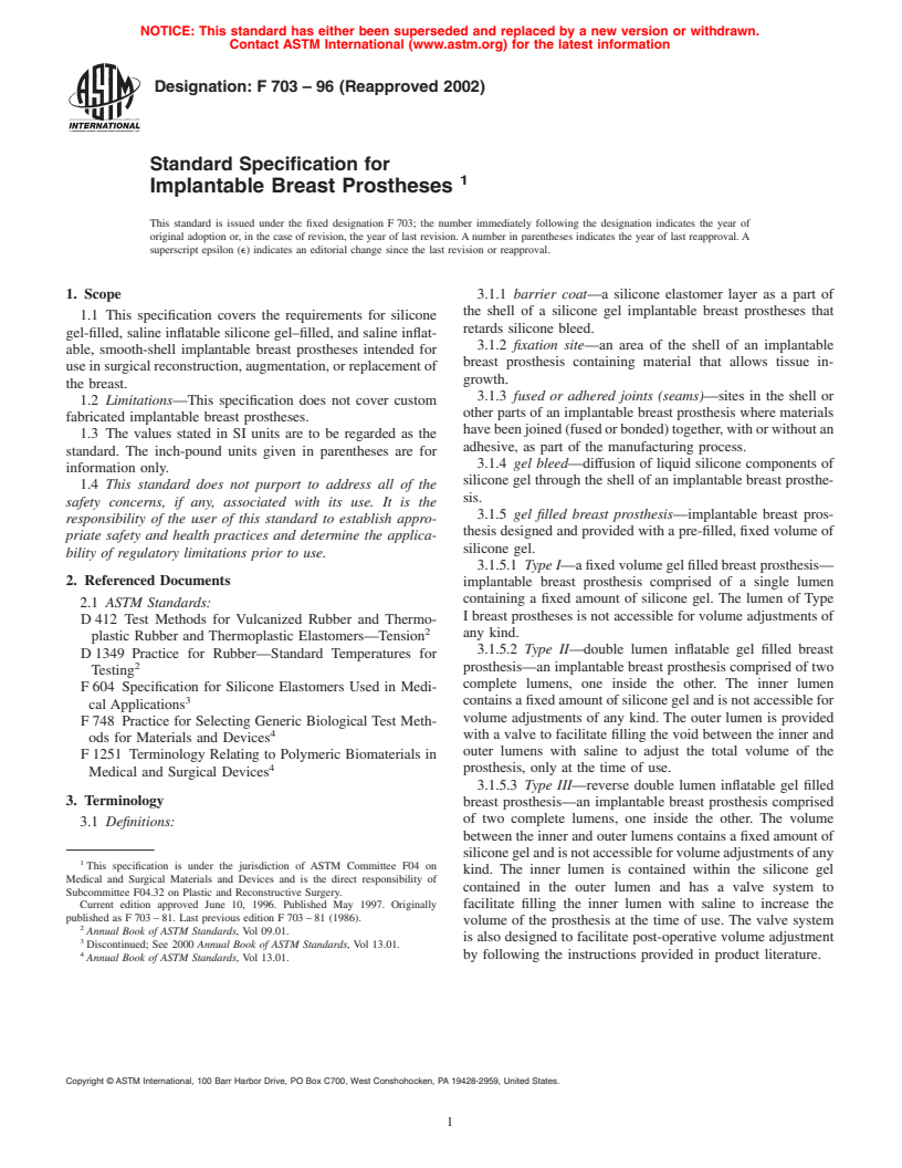 ASTM F703-96(2002) - Standard Specification for Implantable Breast Prostheses