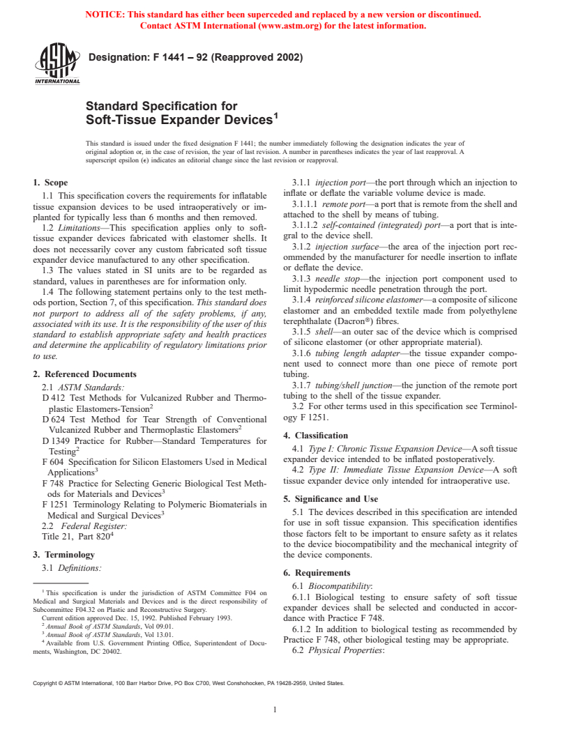 ASTM F1441-92(2002) - Standard Specification for Soft-Tissue Expander Devices