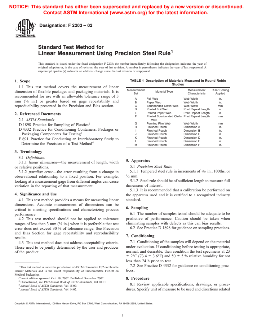 ASTM F2203-02 - Standard Test Method for Linear Measurement Using Precision Steel Rule