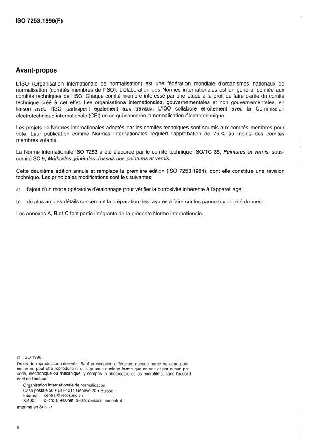 ISO 7253:1996 ISO 7253:1996 - Peintures et vernis -- Détermination de la résistance au brouillard salin neutre - Page 2 preview