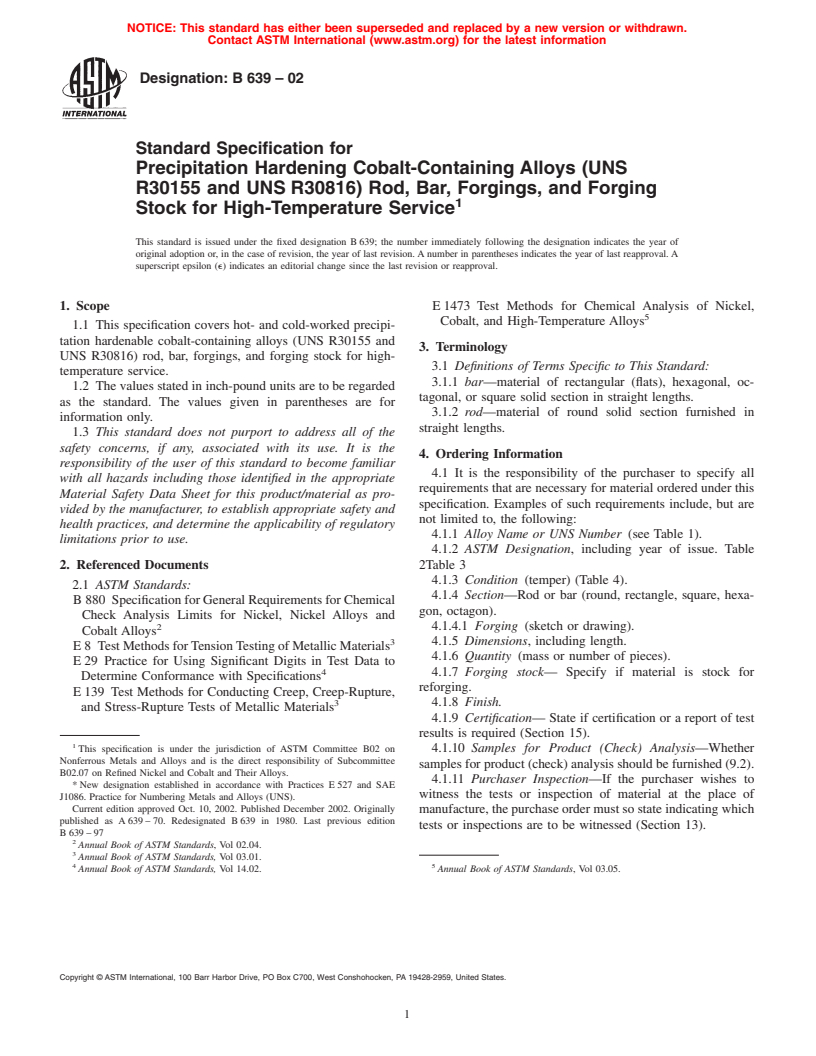 ASTM B639-02 - Standard Specification for Precipitation Hardening Cobalt-Containing Alloys (UNS R30155 and UNS R30816) Rod, Bar, Forgings, and Forging Stock for High-Temperature Service