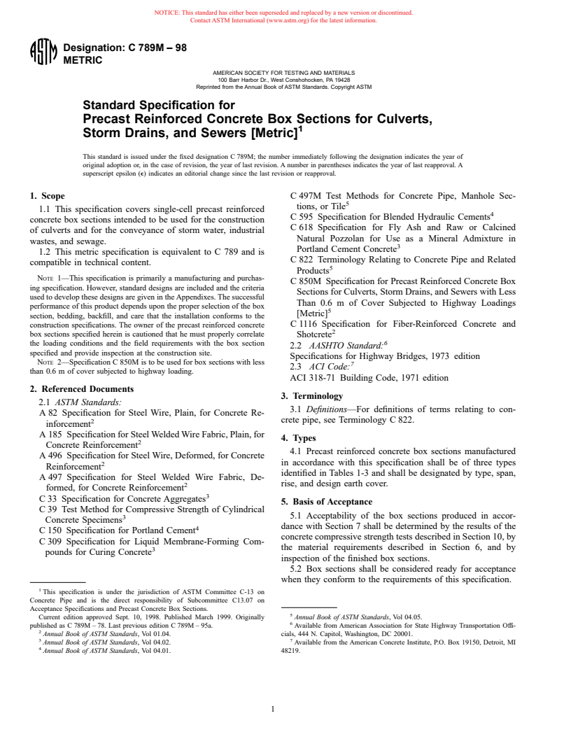 ASTM C789M-98 - Standard Specification for Precast Reinforced Concrete Box Sections for Culverts, Storm Drains, and Sewers [Metric] (Withdrawn 2000)