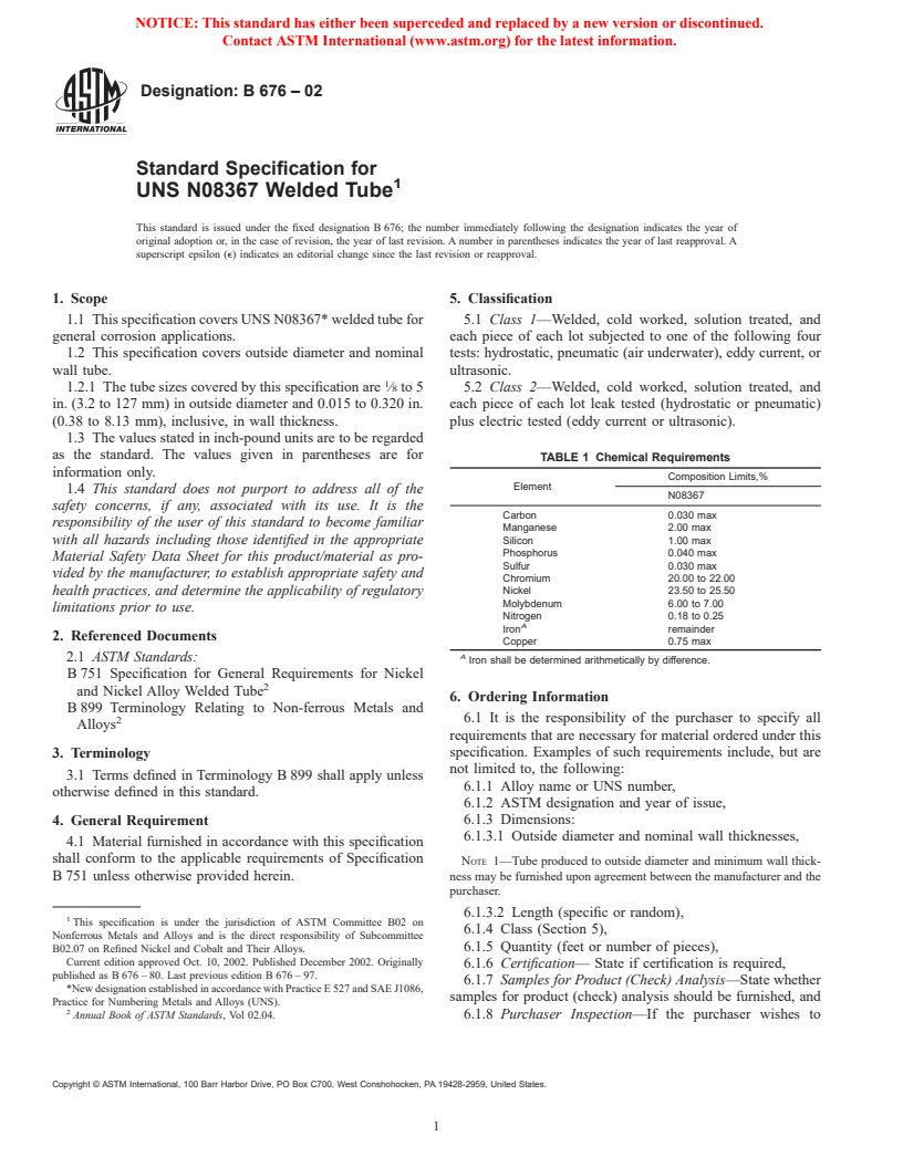 ASTM B676-02 - Standard Specification for UNS N08367 Welded Tube