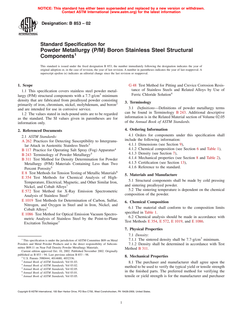 ASTM B853-02 - Standard Specification for Powder Metallurgy (P/M) Boron Stainless Steel Structural Components