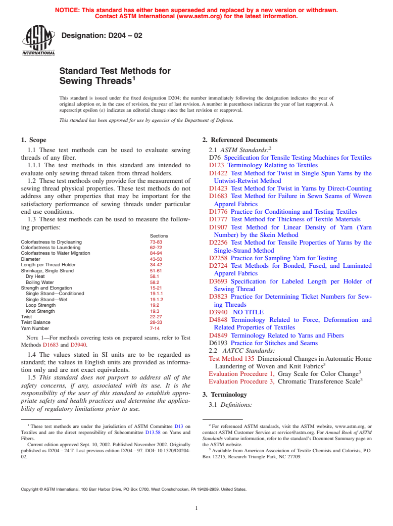 ASTM D204-02 - Standard Test Methods for Sewing Threads