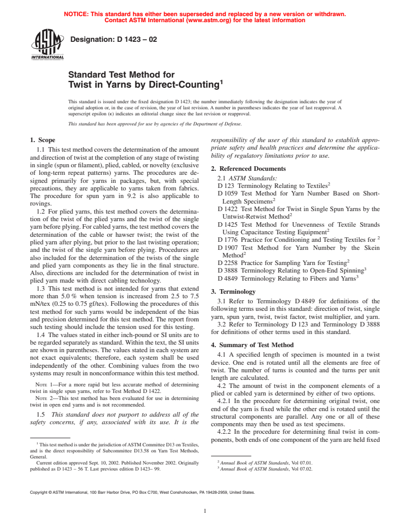 ASTM D1423-02 - Standard Test Method for Twist in Yarns by Direct-Counting